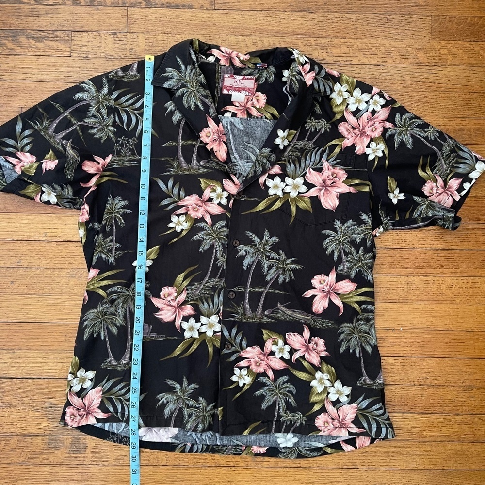 RJC Vintage Hawaiian Shirt 100% Cotton Black Floral Palm XL - Picture 5 of 6